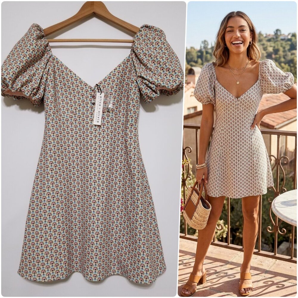 NWT Alice + Olivia Dana Puff Sleeve Floral Mini Dress in Solstice Size 4 $330